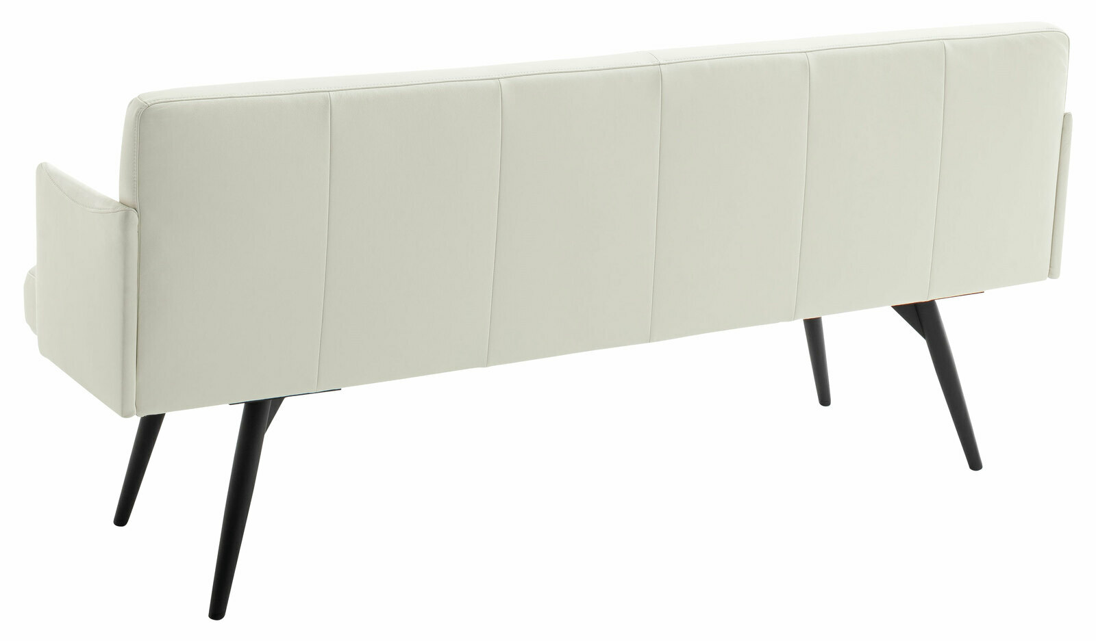 Rückansicht eines modernen, cremefarbenen Sofas mit schwarzen Beinen.