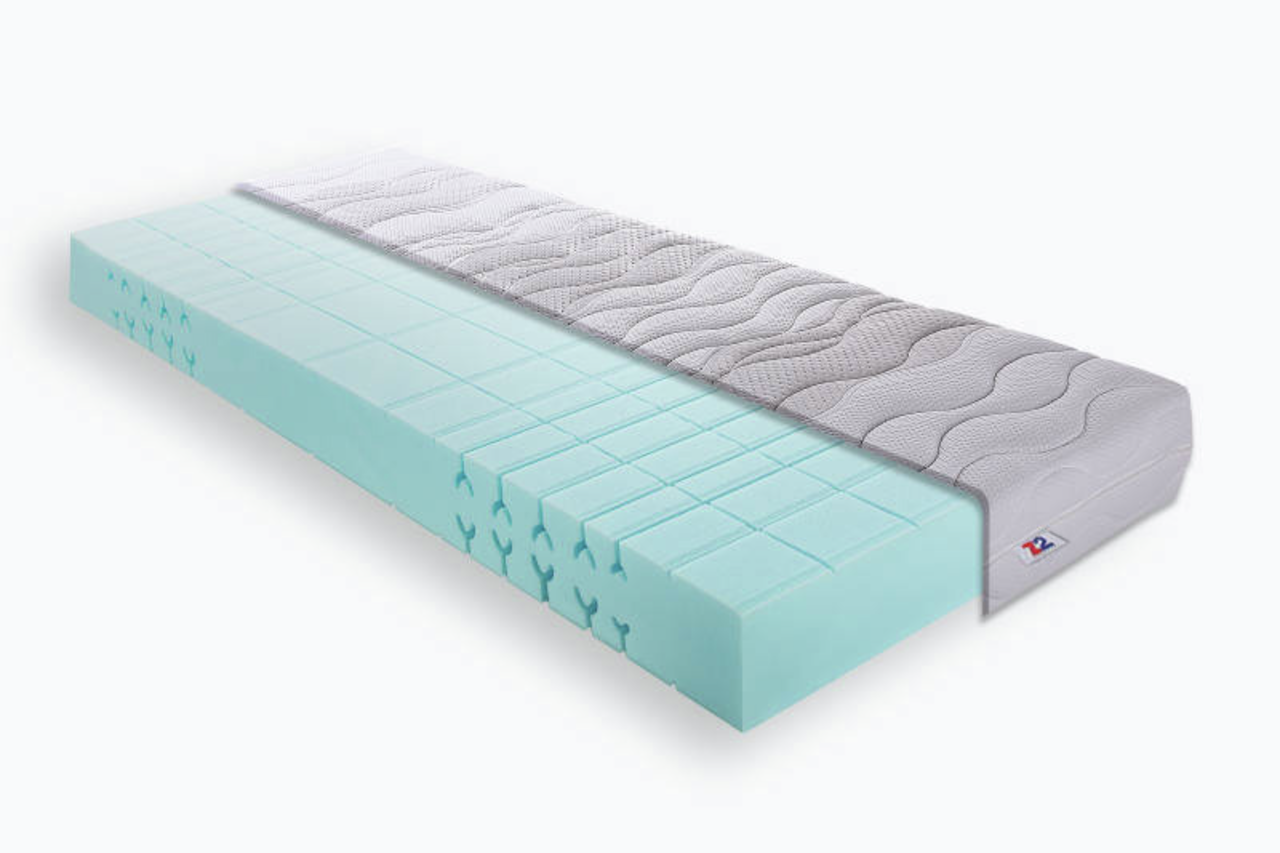 Z2 Kaltschaummatratze H3 90 x 200 LLQ+ Kaltschaummatratze H3 90 x 200 cm, seitliche Perspektive, teilweise geöffneter Bezug zeigt blauen Schaumstoffkern mit ergonomischen Einschnitten.