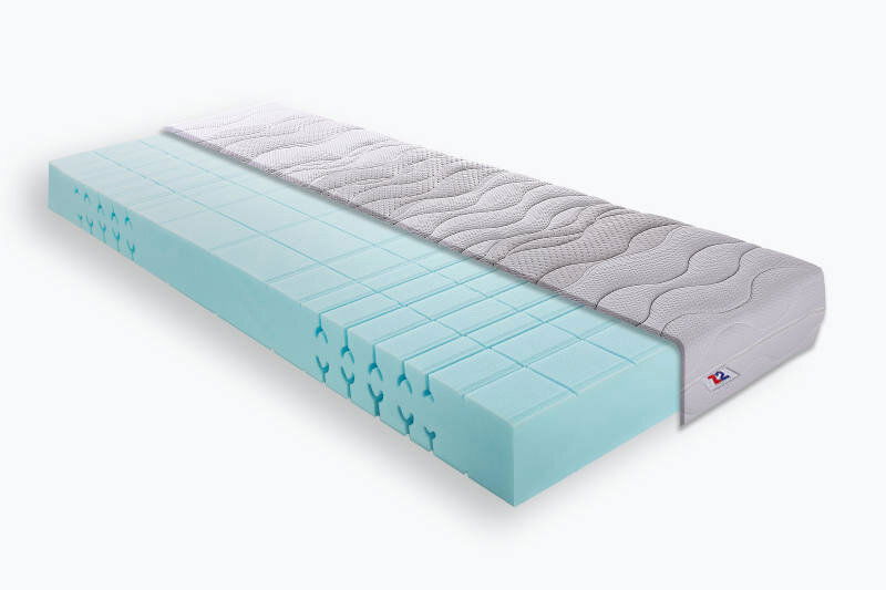 Kaltschaummatratze H3 90 x 200 cm, seitliche Perspektive, teilweise geöffneter Bezug zeigt blauen Schaumstoffkern mit ergonomischen Einschnitten.