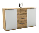 Moderne Kommode mit Holz- und Weißakzenten, frontal betrachtet, mit dekorativer Skulptur auf der Oberseite.