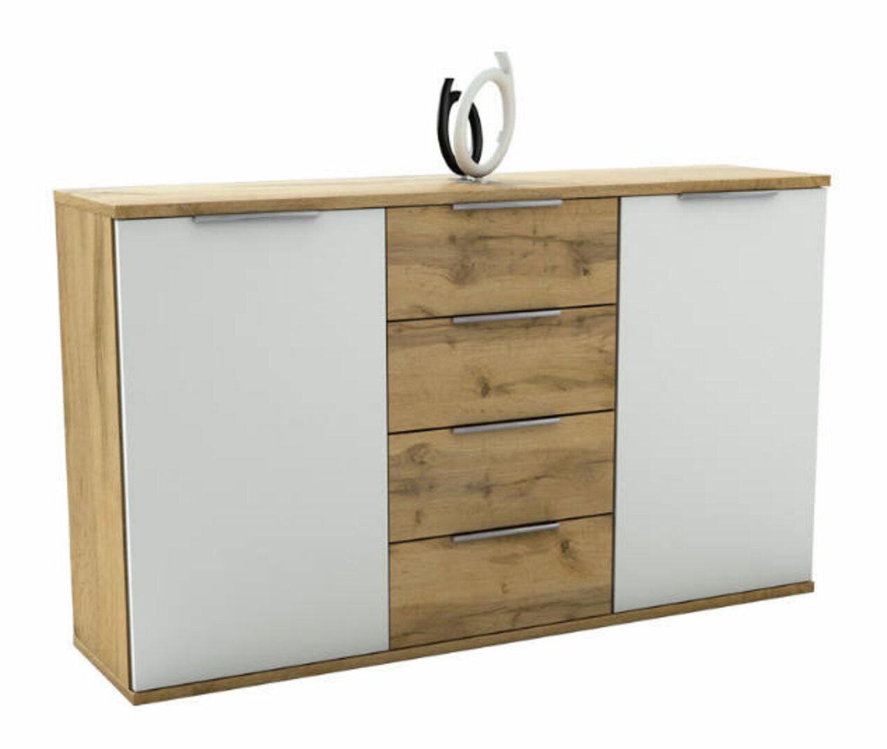 Moderne Kommode mit Holz- und Weißakzenten, frontal betrachtet, mit dekorativer Skulptur auf der Oberseite.