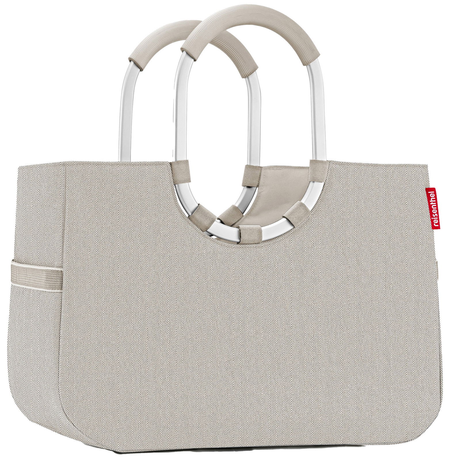 Beige Einkaufstasche mit stabilen, runden Griffen aus Aluminium, seitliche Ansicht