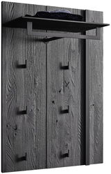 Wandgarderobe aus dunklem Holz mit mehreren Haken und einem oberen Regal, seitliche Perspektive