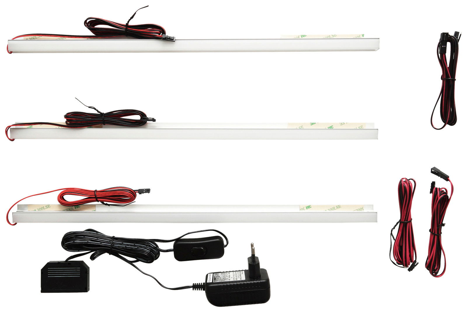 Draufsicht auf ein 3er-Set Rückwandbeleuchtung mit LED-Leisten, Kabeln und Netzteil.