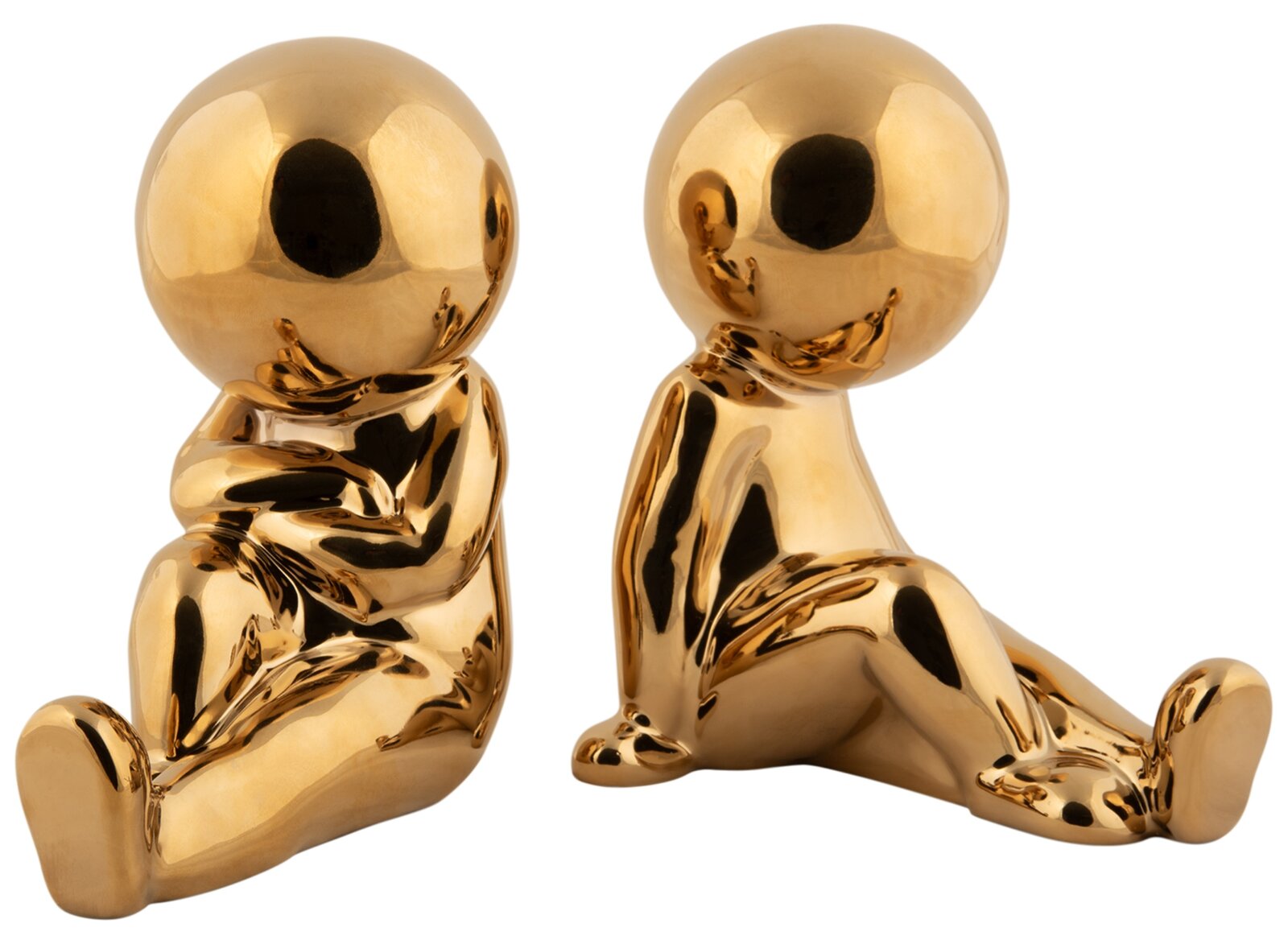 present time Boekhouder, 2-delig JOEY Twee gouden boekensteunen in de vorm van gestileerde figuren die op de grond zitten. De figuren zijn gemaakt van glanzend materiaal en zijn in een frontale perspectief weergegeven.