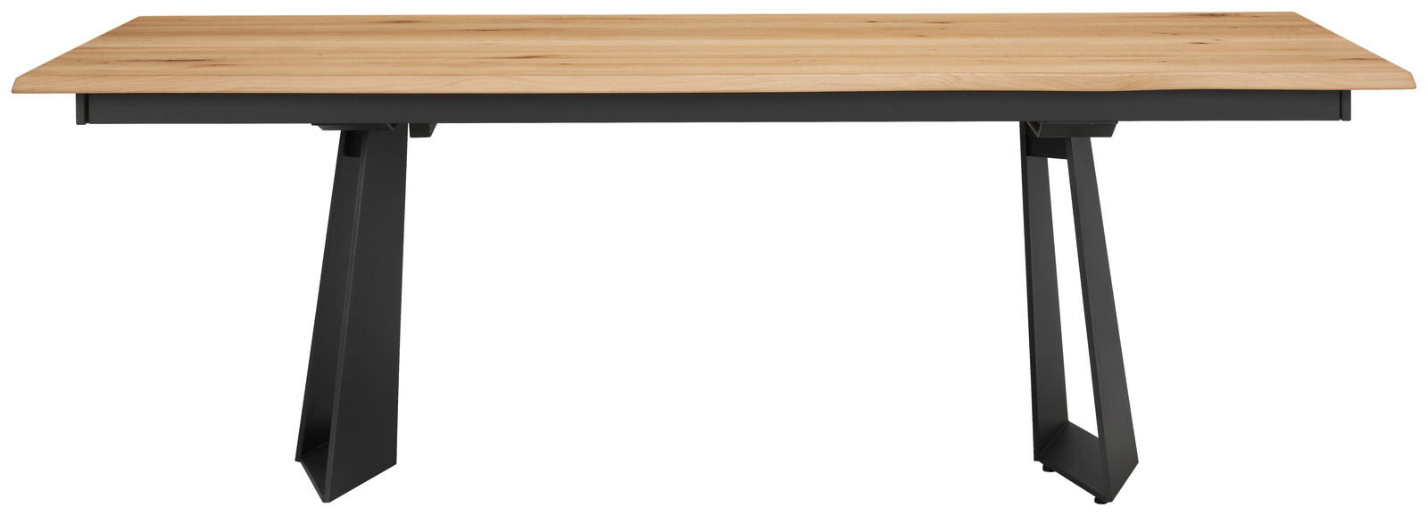 Moderner Esstisch mit Holzplatte und schwarzen Metallbeinen, Frontalansicht