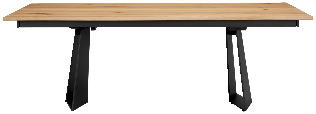 Moderner Esstisch mit Holzplatte und schwarzen Metallbeinen, Frontalansicht