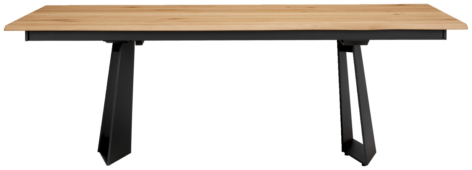 Moderner Esstisch mit Holzplatte und schwarzen Metallbeinen, Frontalansicht