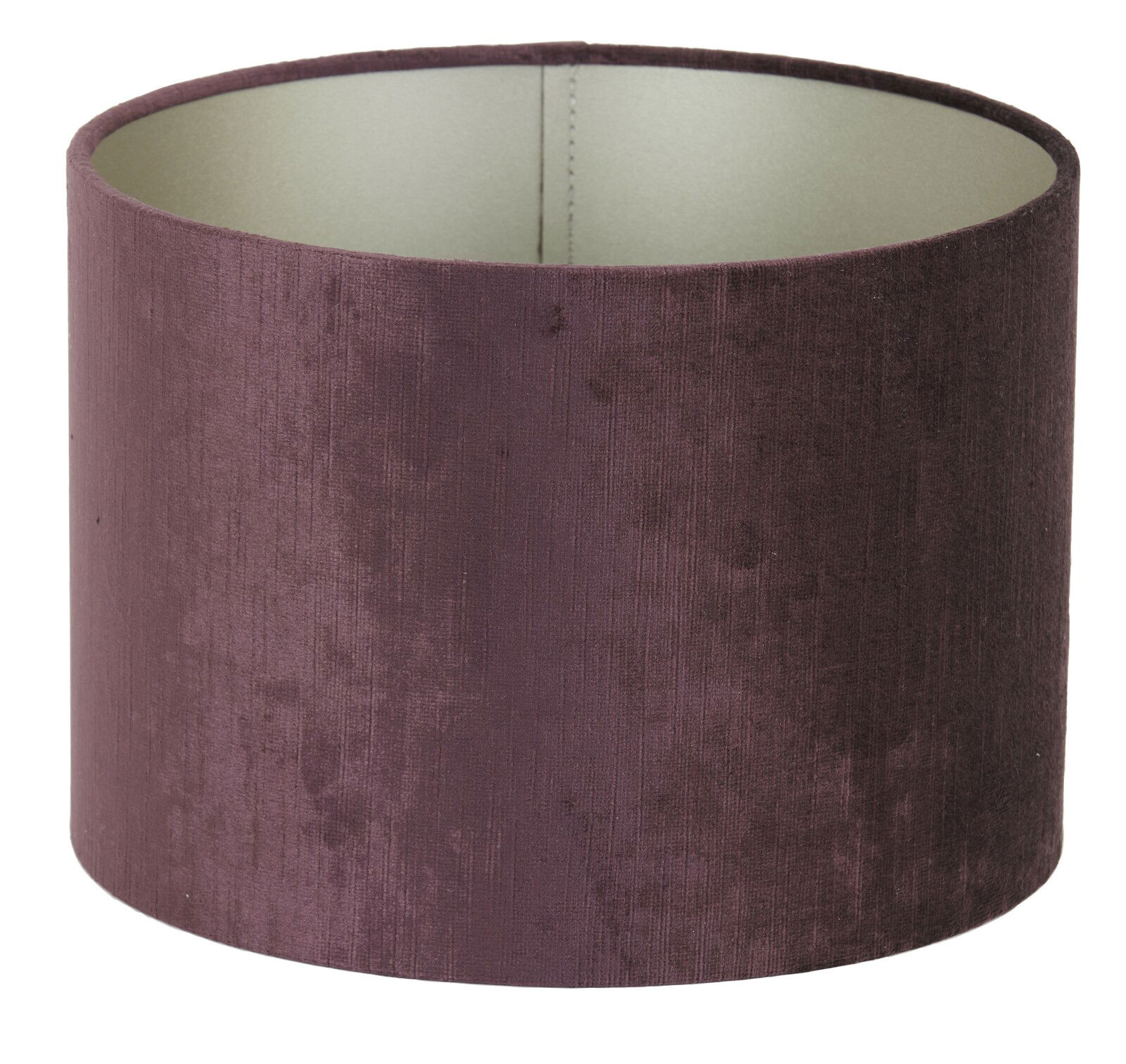 Zylindrischer Lampenschirm aus violettem Stoff, seitliche Perspektive