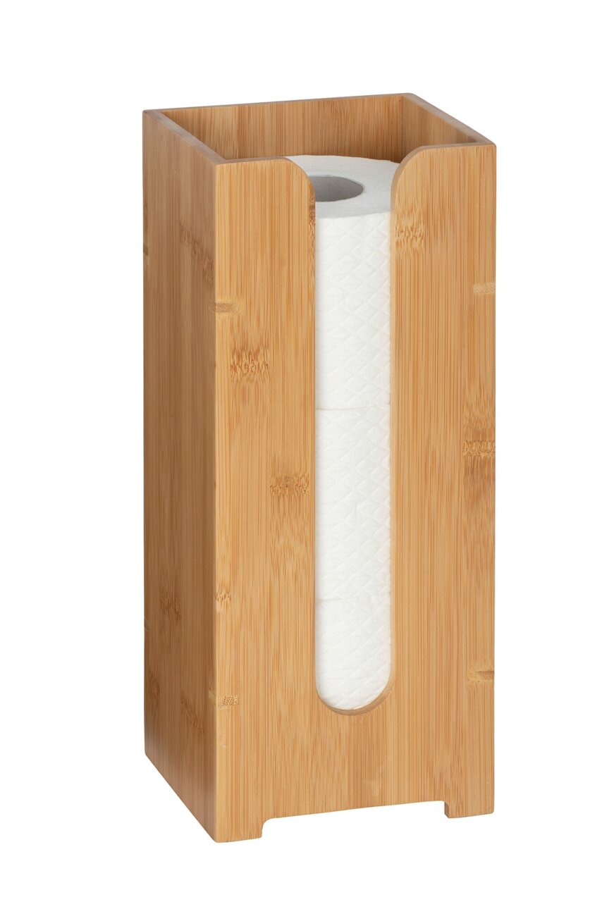 Houten houder voor reserverollen toiletpapier met opening aan de zijkant, gezien vanaf de voorkant.
