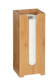 Houten houder voor reserverollen toiletpapier met opening aan de zijkant, gezien vanaf de voorkant.