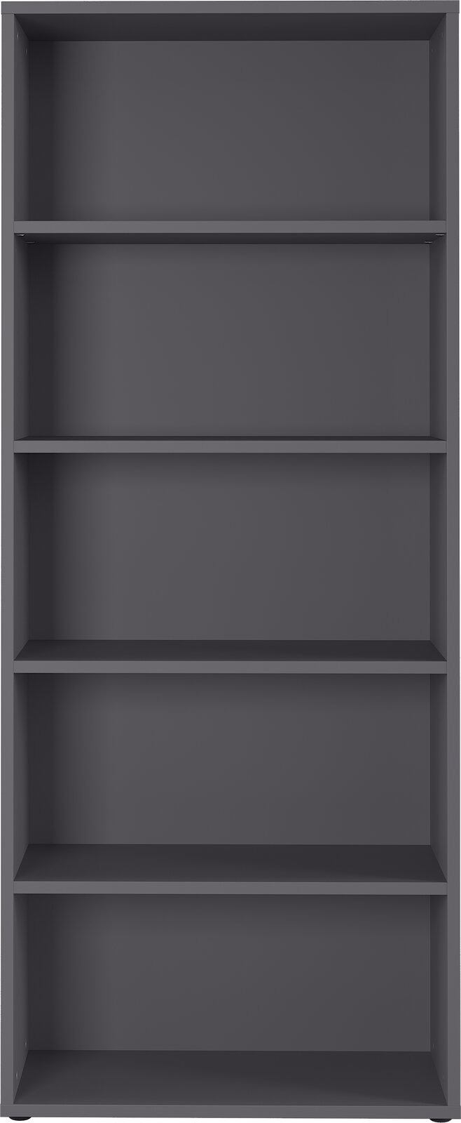 Frontale Ansicht eines grauen Aktenregals mit fünf Regalböden.