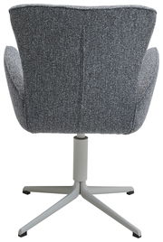 Rückansicht eines grauen Armlehnstuhls mit drehbarem Metallfuß