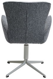 Rückansicht eines grauen Armlehnstuhls mit drehbarem Metallfuß