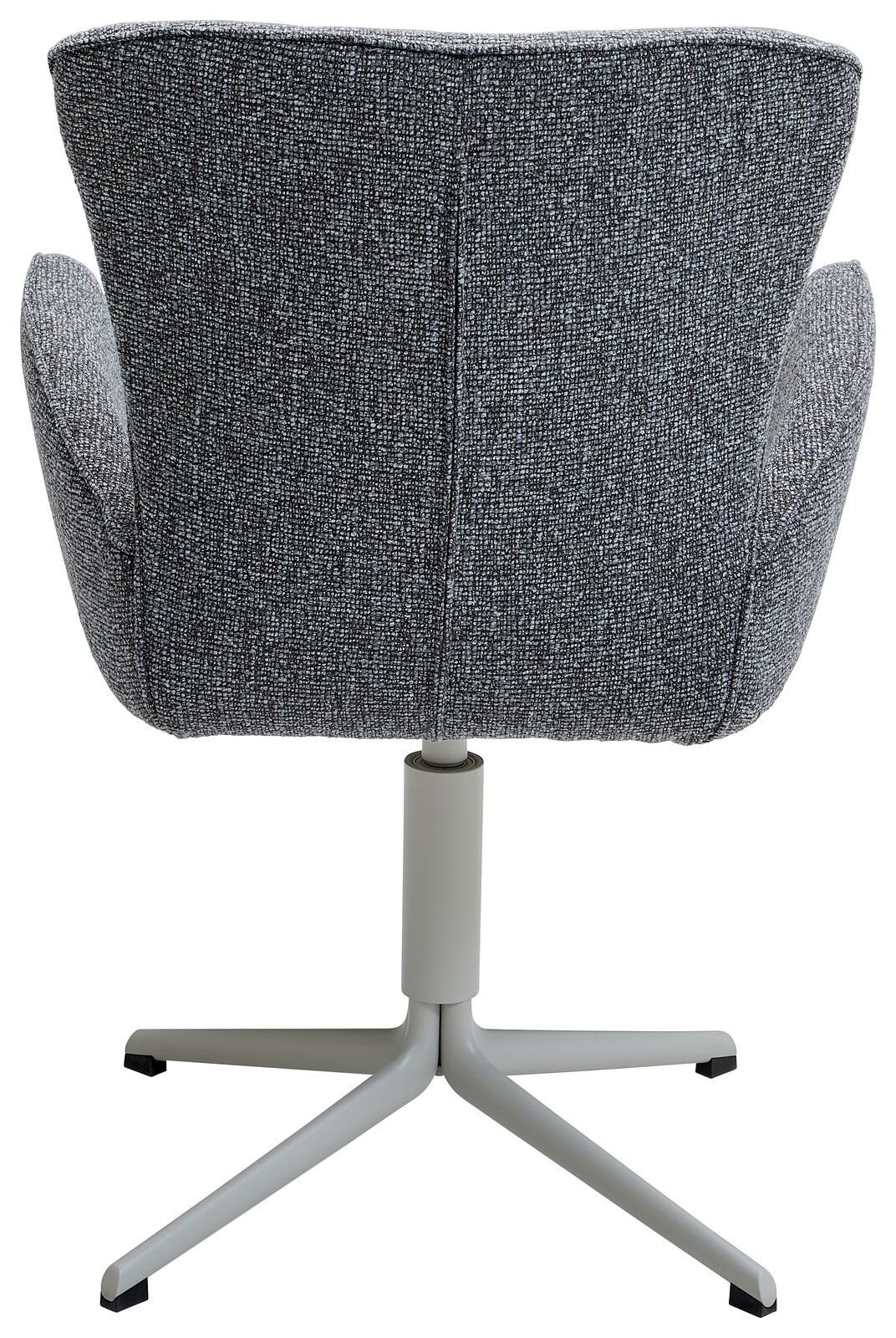 Rückansicht eines grauen Armlehnstuhls mit drehbarem Metallfuß
