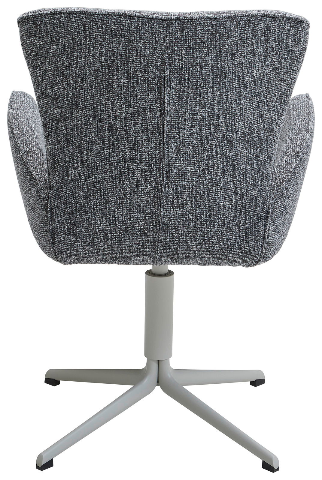 Rückansicht eines grauen Armlehnstuhls mit drehbarem Metallfuß