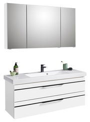 Moderne Badkombination mit weißem Waschtisch und Spiegelschrank, Frontansicht