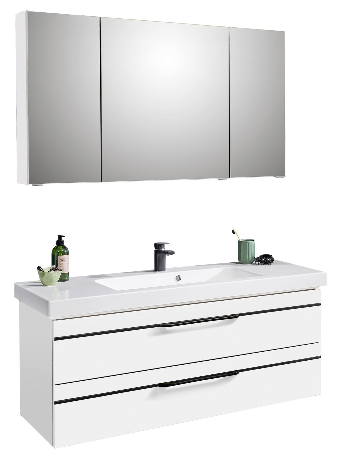 Moderne Badkombination mit weißem Waschtisch und Spiegelschrank, Frontansicht