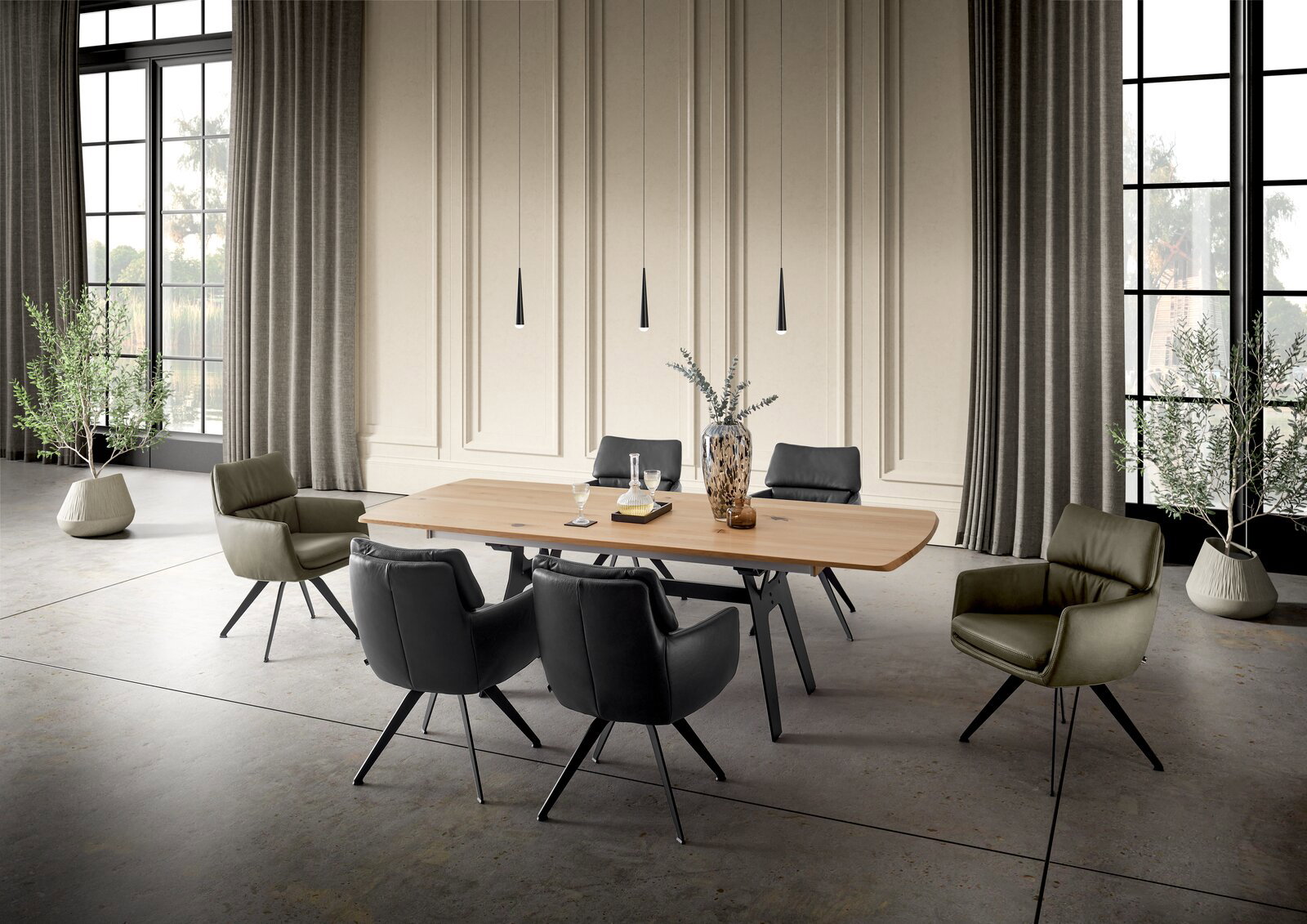 Moderner Esstisch aus Holz mit sechs gepolsterten Stühlen in einem eleganten Raum, seitliche Perspektive