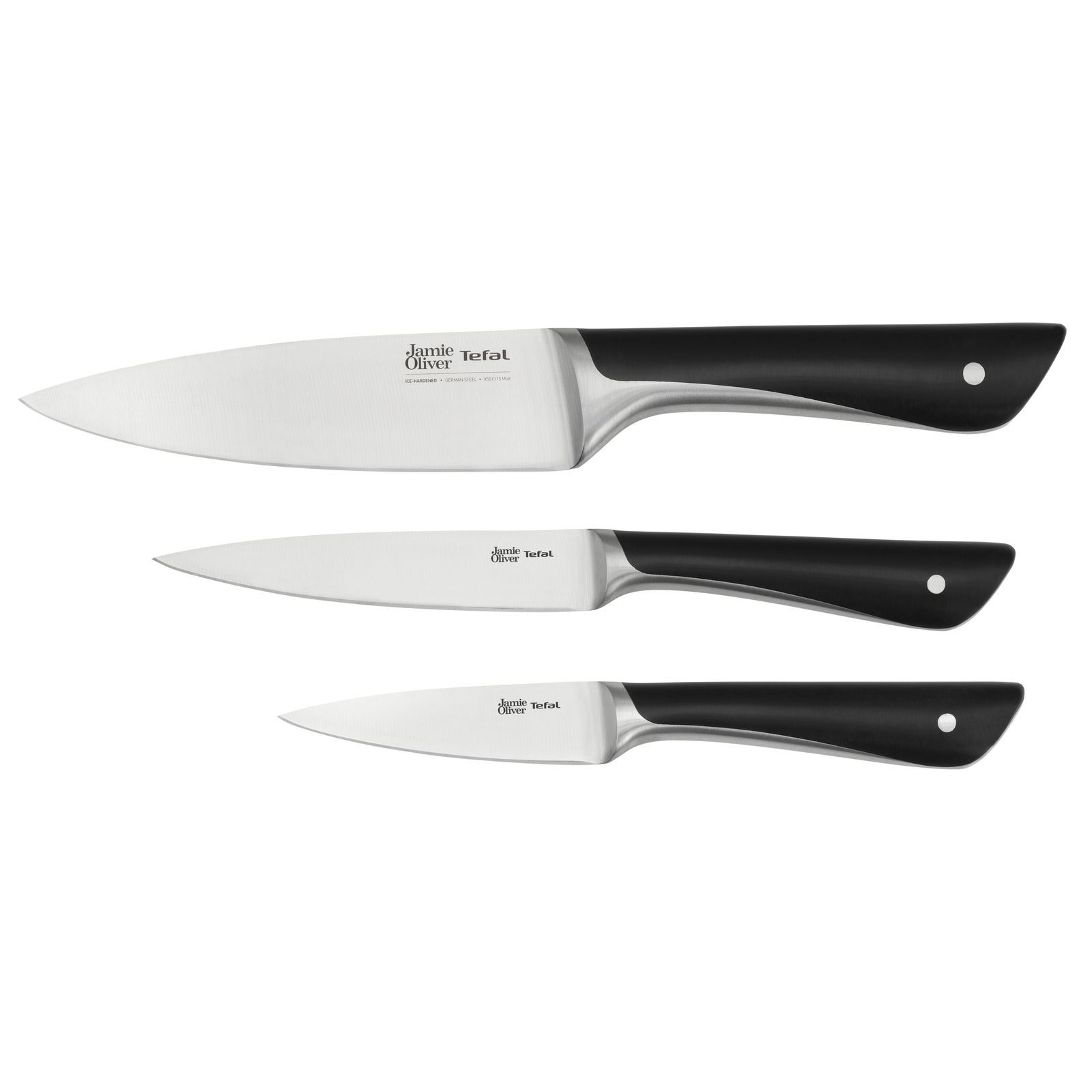 Tefal Jamie Oliver Messerset 3 tlg. JO Dreiteiliges Messerset mit schwarzen Griffen und Edelstahlklingen, seitliche Ansicht.