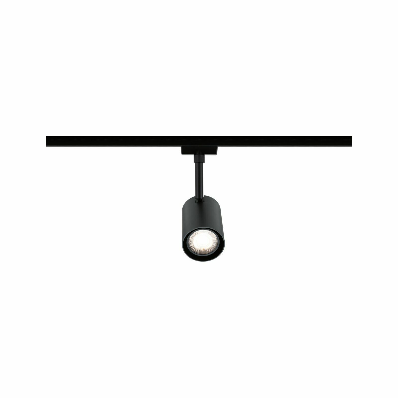 Schwarzer Schienenspot Luxe, zylindrische Form, von vorne betrachtet, montiert an einer Schiene.