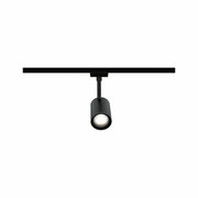 Schwarzer Schienenspot Luxe, zylindrische Form, von vorne betrachtet, montiert an einer Schiene.