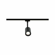 Schwarzer Schienenspot Luxe, zylindrische Form, von vorne betrachtet, montiert an einer Schiene.