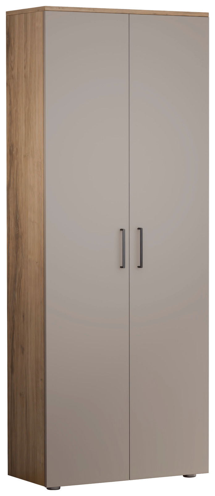 Hoher Schuhschrank mit zwei Türen in Holzoptik und grauer Front, seitliche Perspektive
