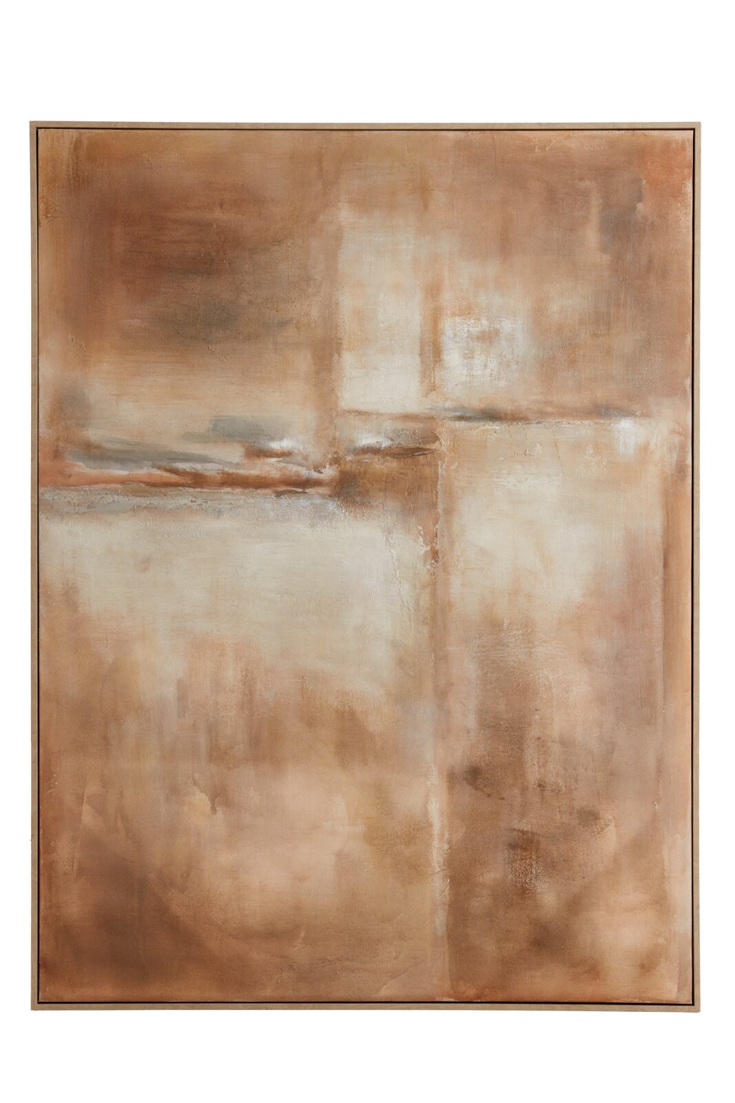 Abstract schilderij in warme beige-, crème- en bruintinten met subtiele grijze accenten en een slanke houten lijst, recht van voren afgebeeld.