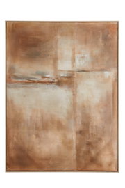 Abstract schilderij in warme beige-, crème- en bruintinten met subtiele grijze accenten en een slanke houten lijst, recht van voren afgebeeld.