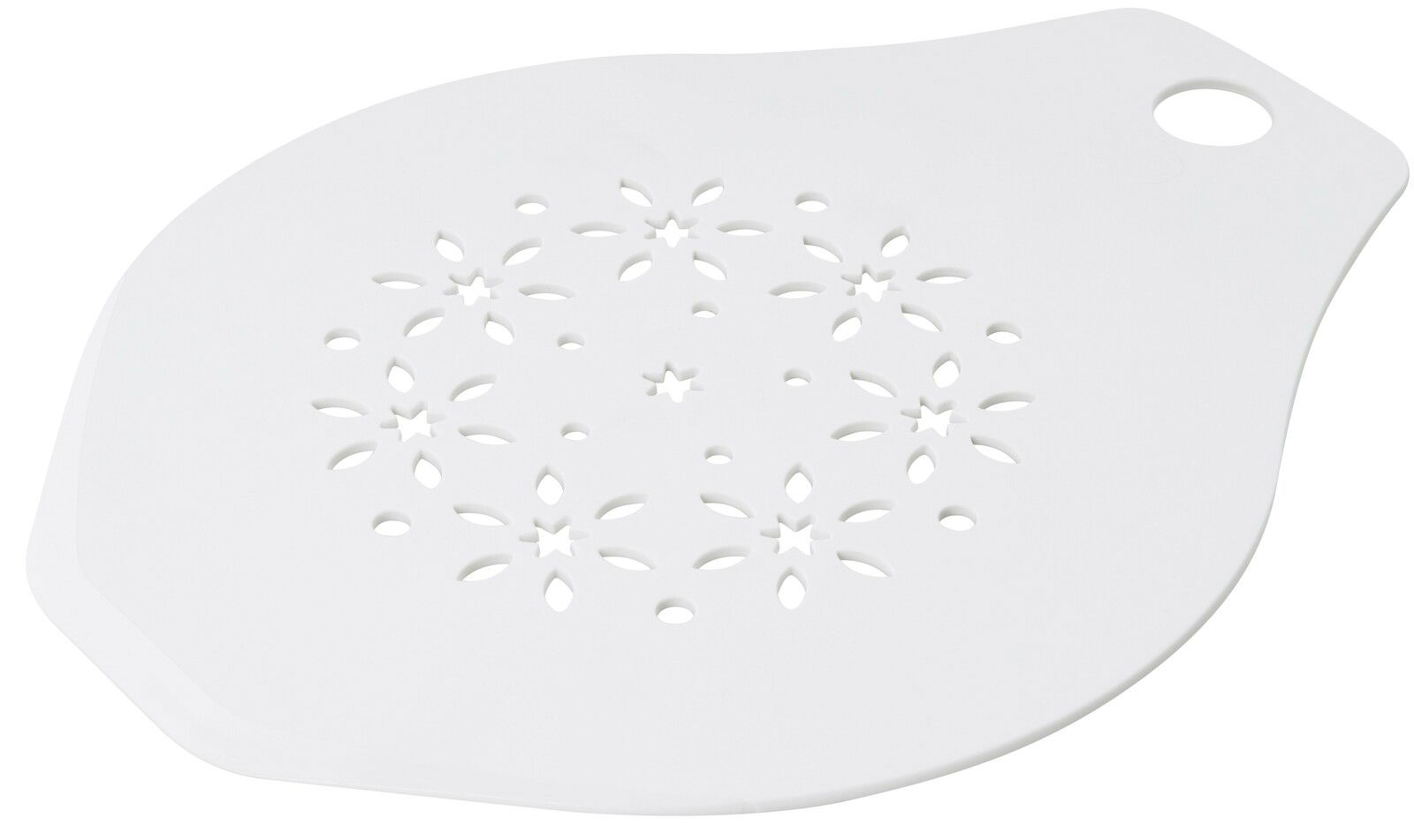 Weißer Tortenretter mit dekorativen Aussparungen in Blumenform, von oben betrachtet.