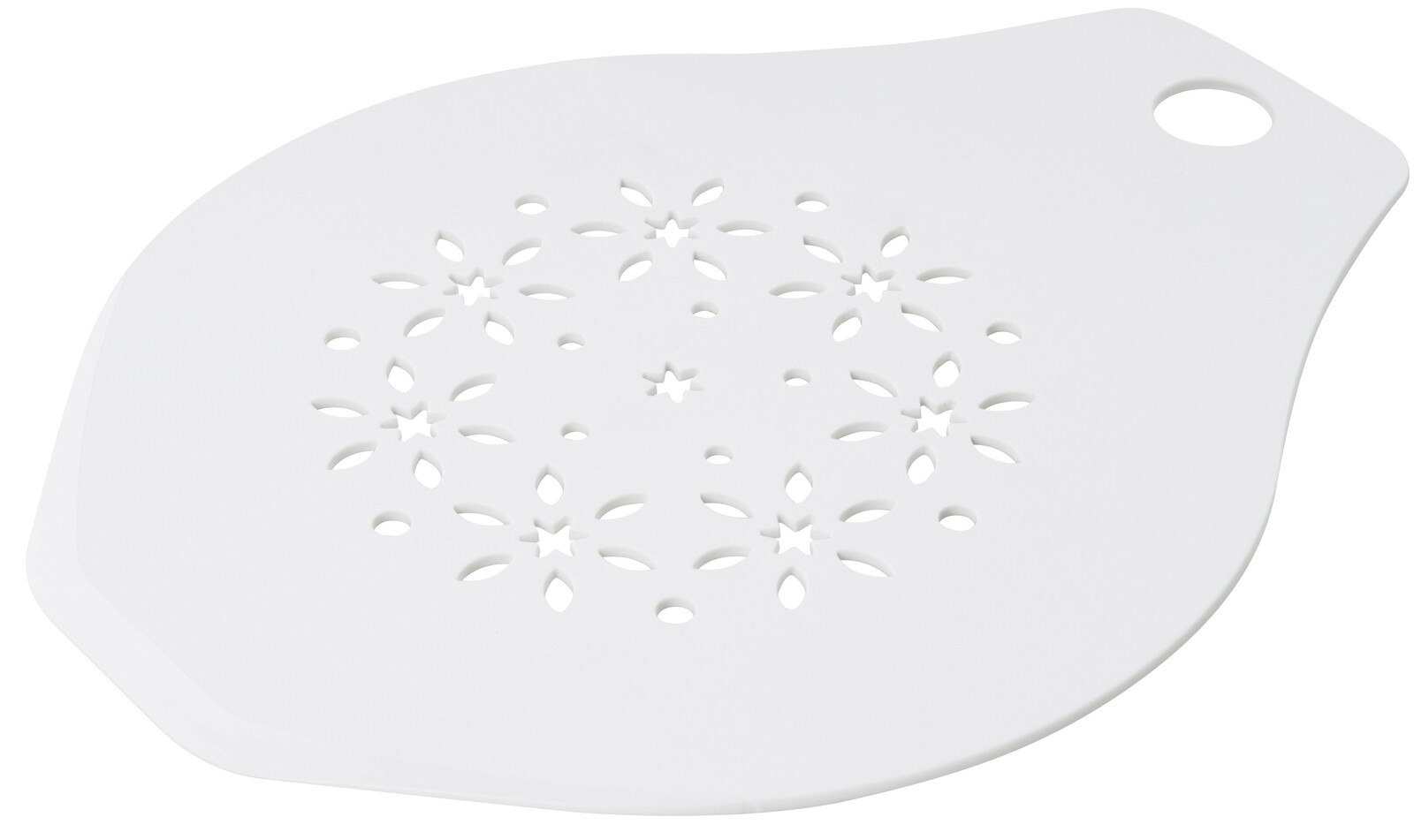 Dr. Oetker Tortenretter/-verzierer Weißer Tortenretter mit dekorativen Aussparungen in Blumenform, von oben betrachtet.