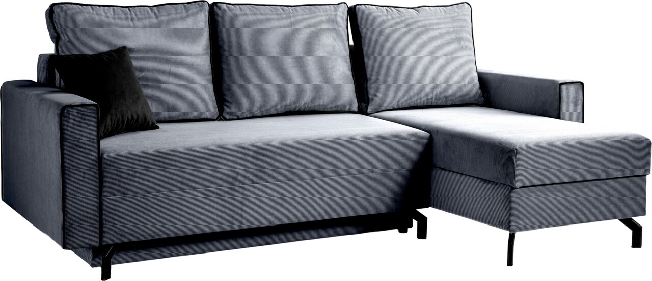 Graues Schlafsofa in L-Form mit rechter Ausrichtung, schwarze Beine und ein schwarzes Kissen, seitliche Perspektive
