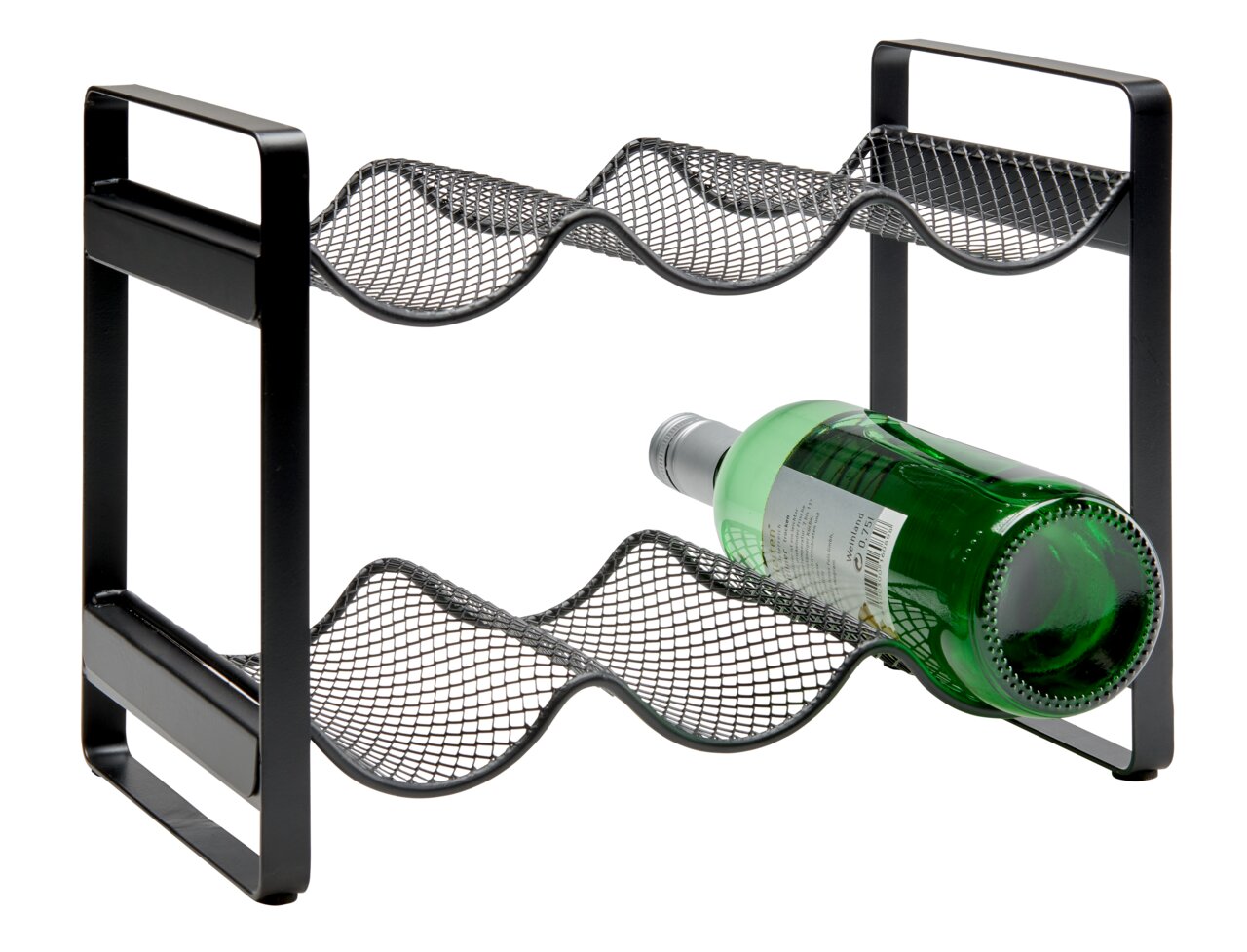 Flaschenregal aus Metall mit wellenförmigem Design, seitliche Perspektive, eine grüne Flasche liegt im Regal