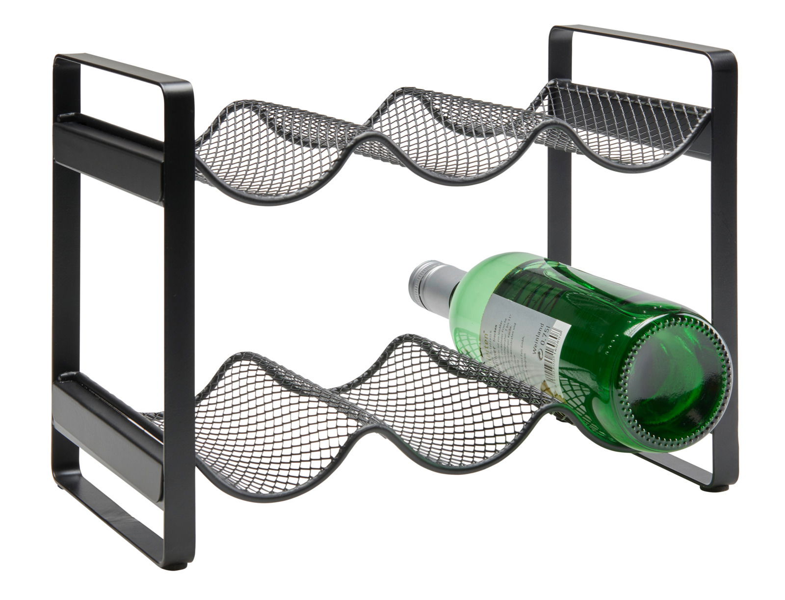 Flaschenregal aus Metall mit wellenförmigem Design, seitliche Perspektive, eine grüne Flasche liegt im Regal