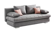 Graues Funktionssofa mit zwei rosa Kissen, seitliche Perspektive