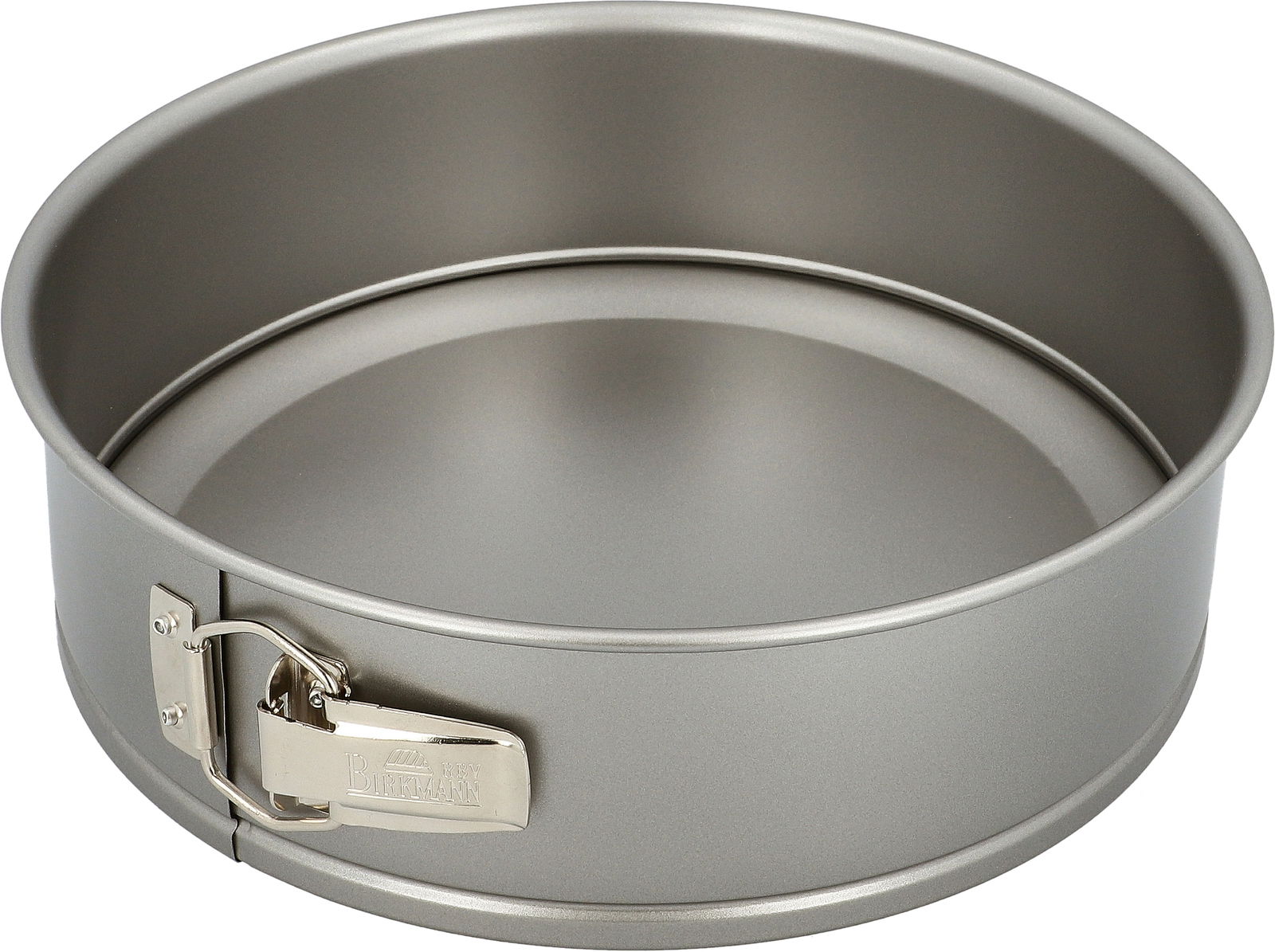 Birkmann Springform BASIC BAKING Runde Springform mit einem Durchmesser von 28 cm, seitliche Perspektive, mit silbernem Verschluss.
