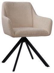 Beiger Armlehnstuhl mit schwarzem Metallgestell, seitliche Perspektive