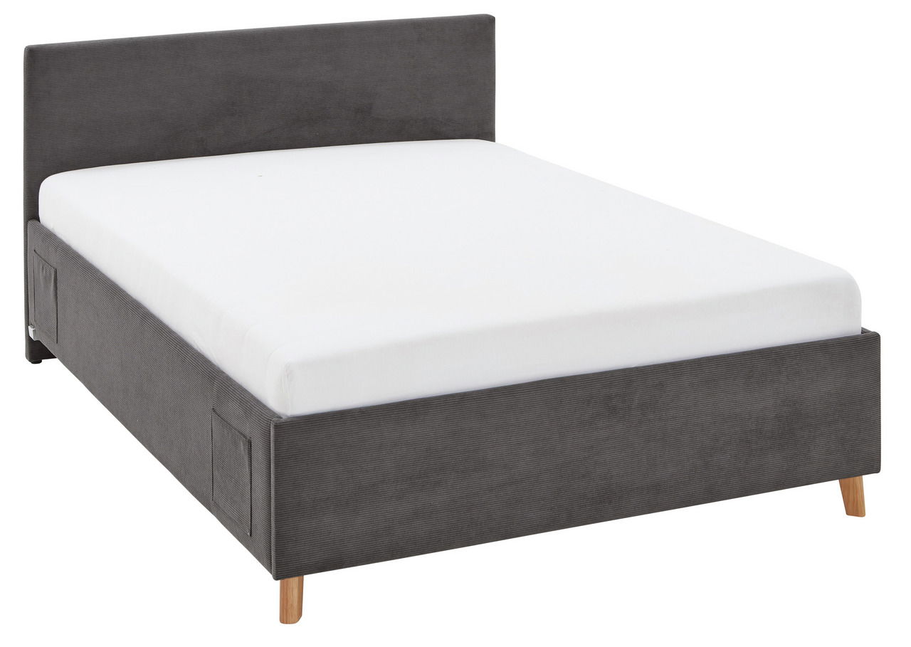 Graue Polsterliege mit weißer Matratze, seitliche Perspektive