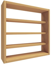 Holz-Wandregal mit drei Ablageböden und Rahmen in heller Holzoptik, freigestellt, schräg von vorne in leichter Seitenansicht (3/4-Perspektive)