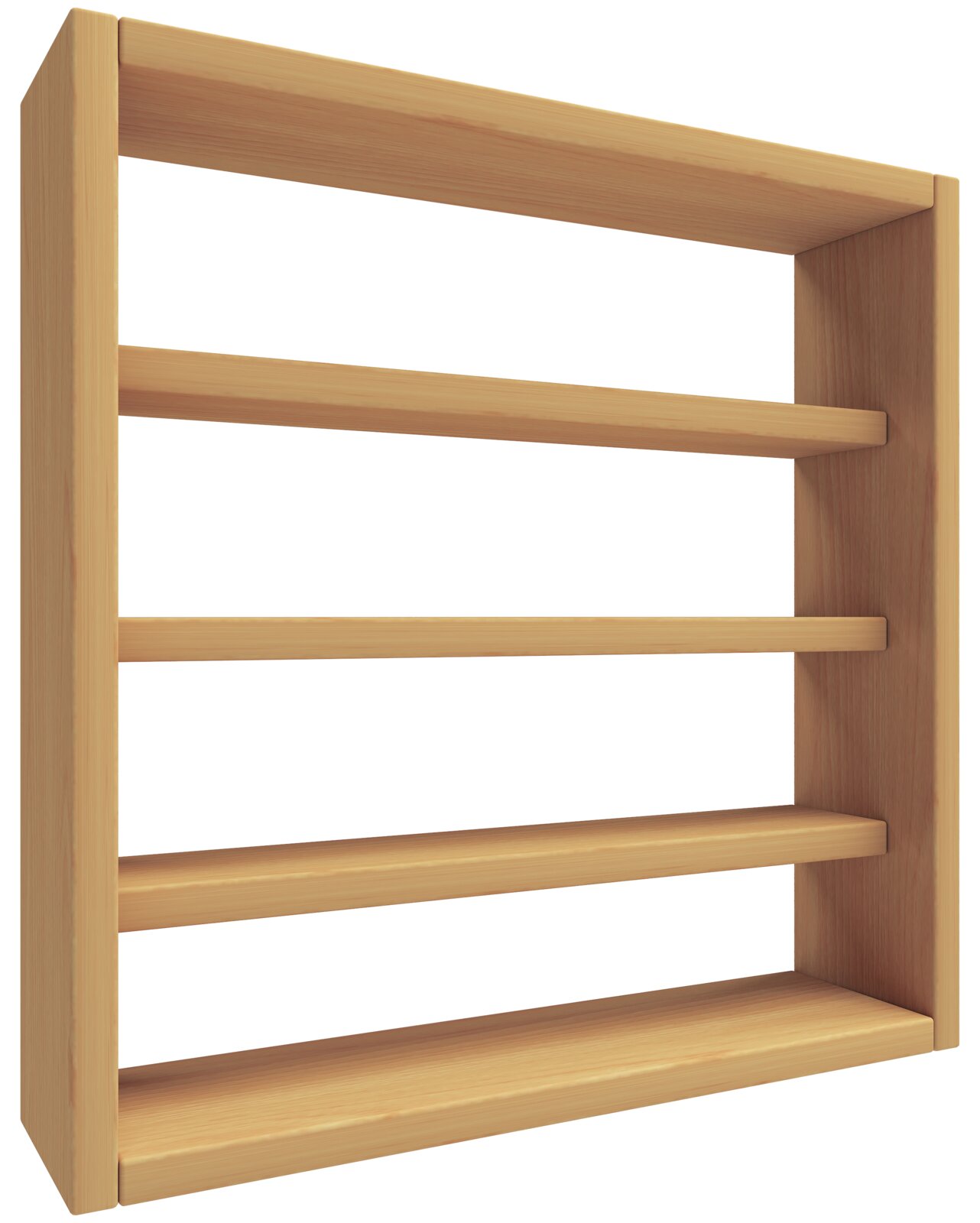 Holz-Wandregal mit drei Ablageböden und Rahmen in heller Holzoptik, freigestellt, schräg von vorne in leichter Seitenansicht (3/4-Perspektive)