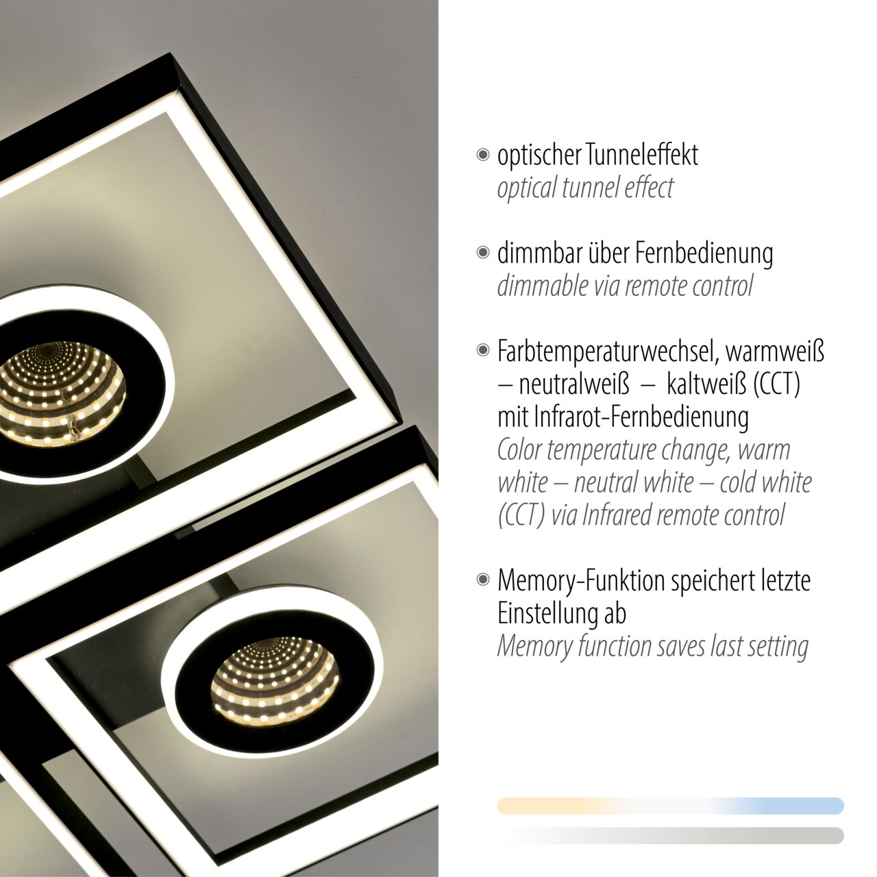 LED-Deckenleuchte mit optischem Tunneleffekt, dimmbar über Fernbedienung, Farbtemperaturwechsel und Memory-Funktion, Perspektive von unten.
