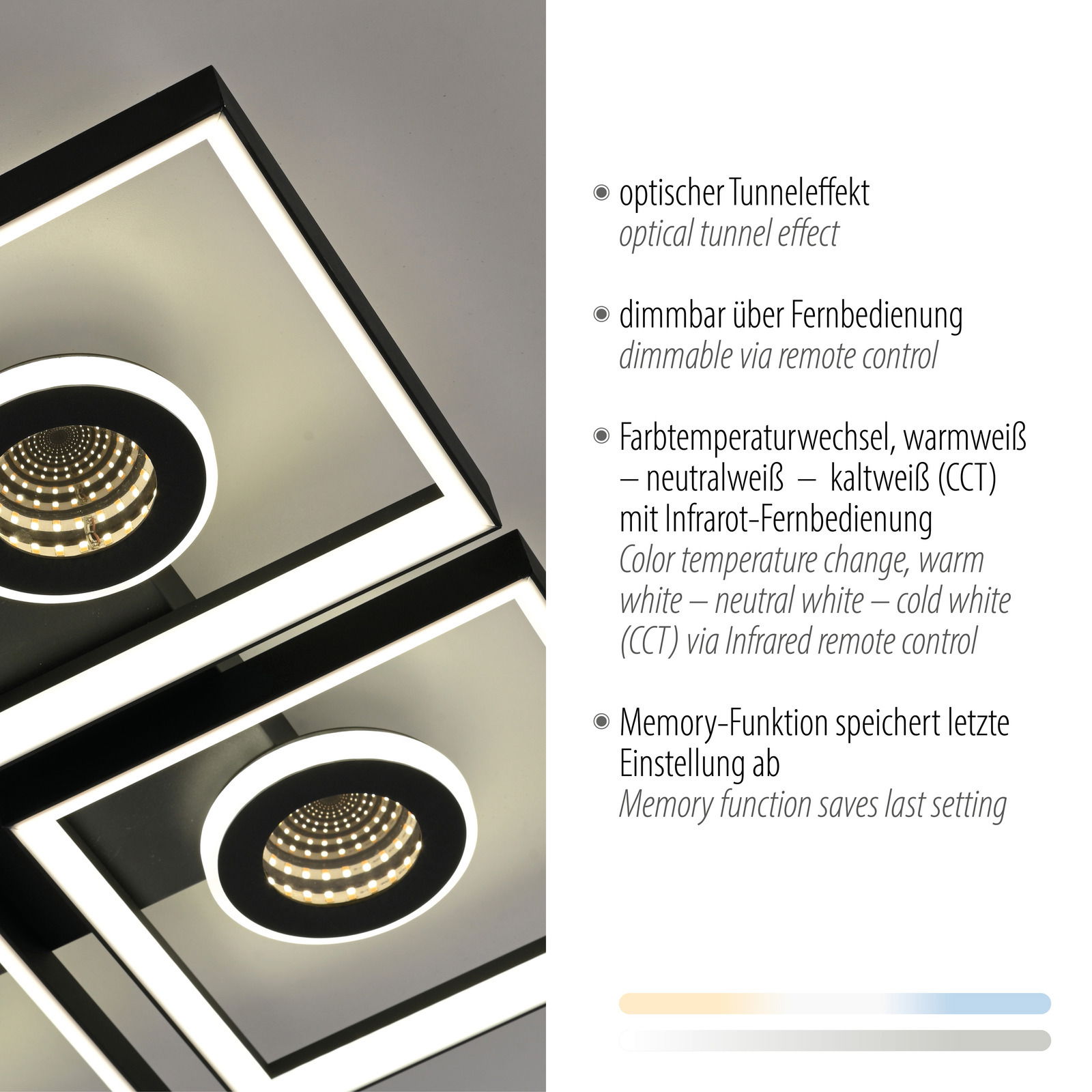 LED-Deckenleuchte mit optischem Tunneleffekt, dimmbar über Fernbedienung, Farbtemperaturwechsel und Memory-Funktion, Perspektive von unten.