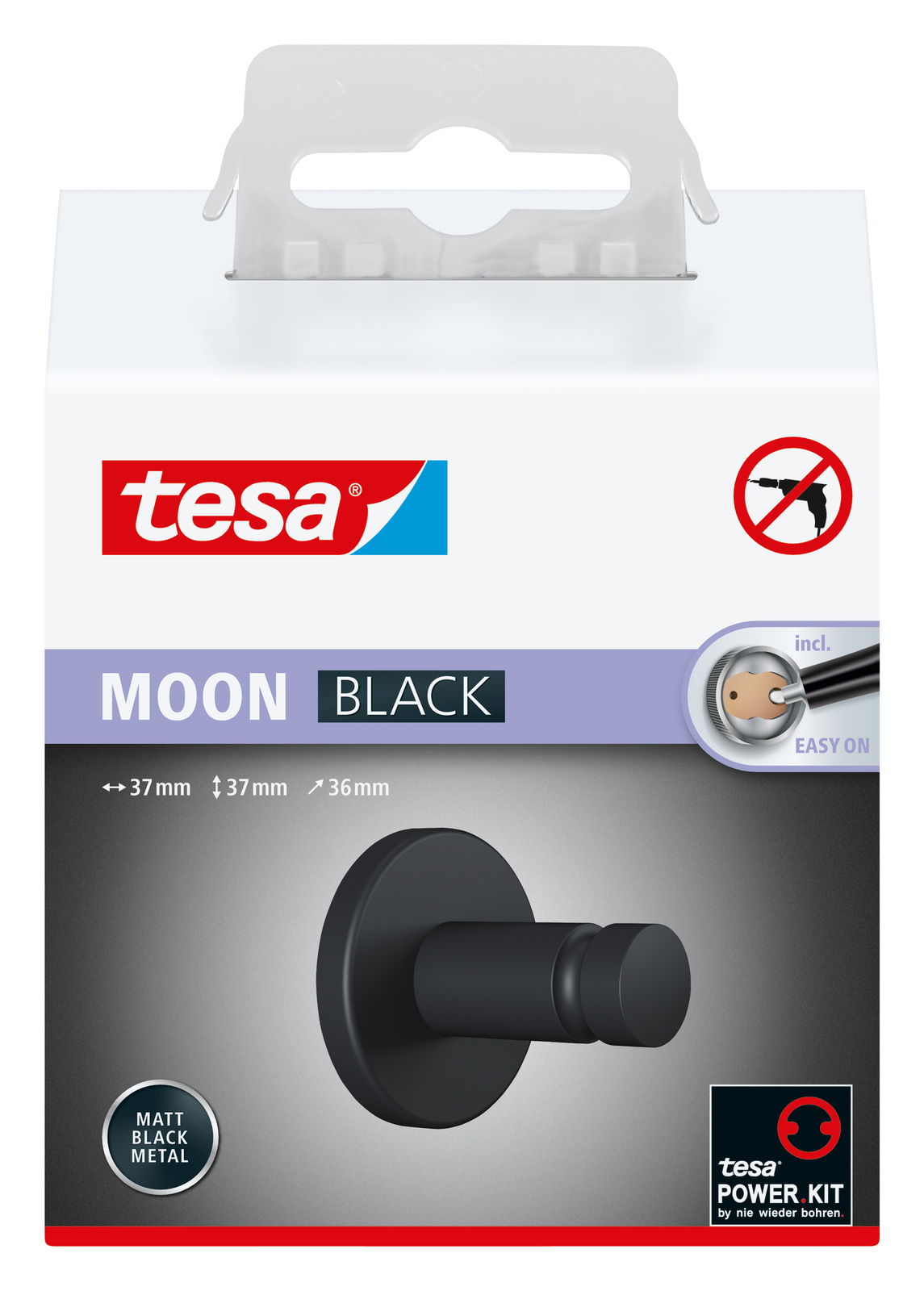 Schwarzer, runder Handtuchhaken aus Metall, mattes Finish, frontal abgebildet auf der Verpackung. Inklusive tesa Power.Kit für bohrfreie Montage.