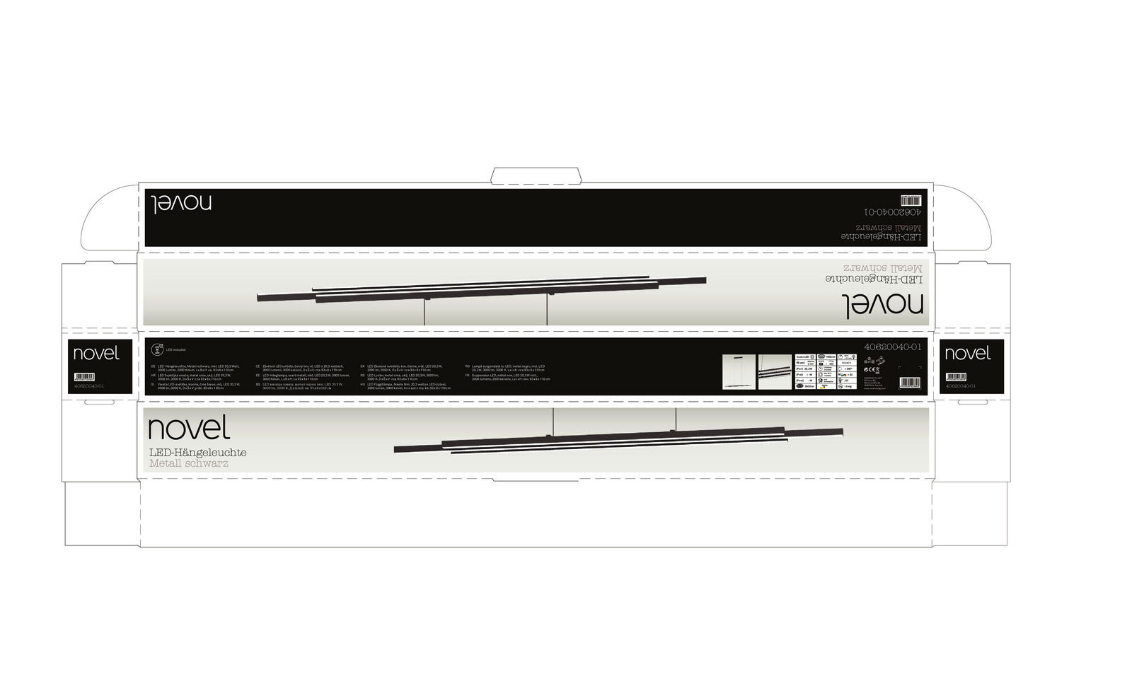 Verpackung der LED-Hängeleuchte von Novel in schwarzem Metall, seitliche Perspektive