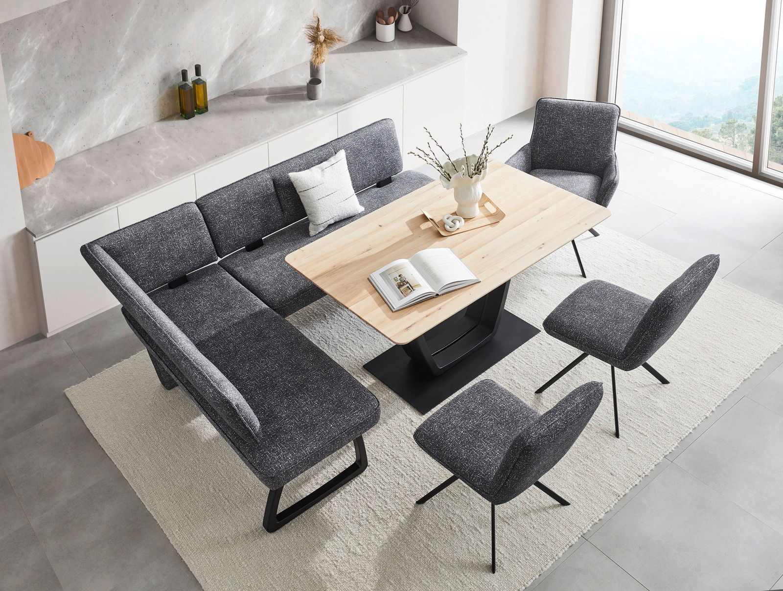 Venda Esstisch BLUE SEA Moderne Essgruppe mit Eckbank und Stühlen in grauem Stoff, Esstisch aus hellem Holz, Vogelperspektive