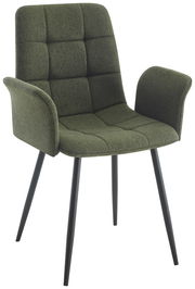 Grüner Armlehnstuhl mit gepolsterter Sitzfläche und Rückenlehne, schwarzes Metallgestell, seitliche Perspektive