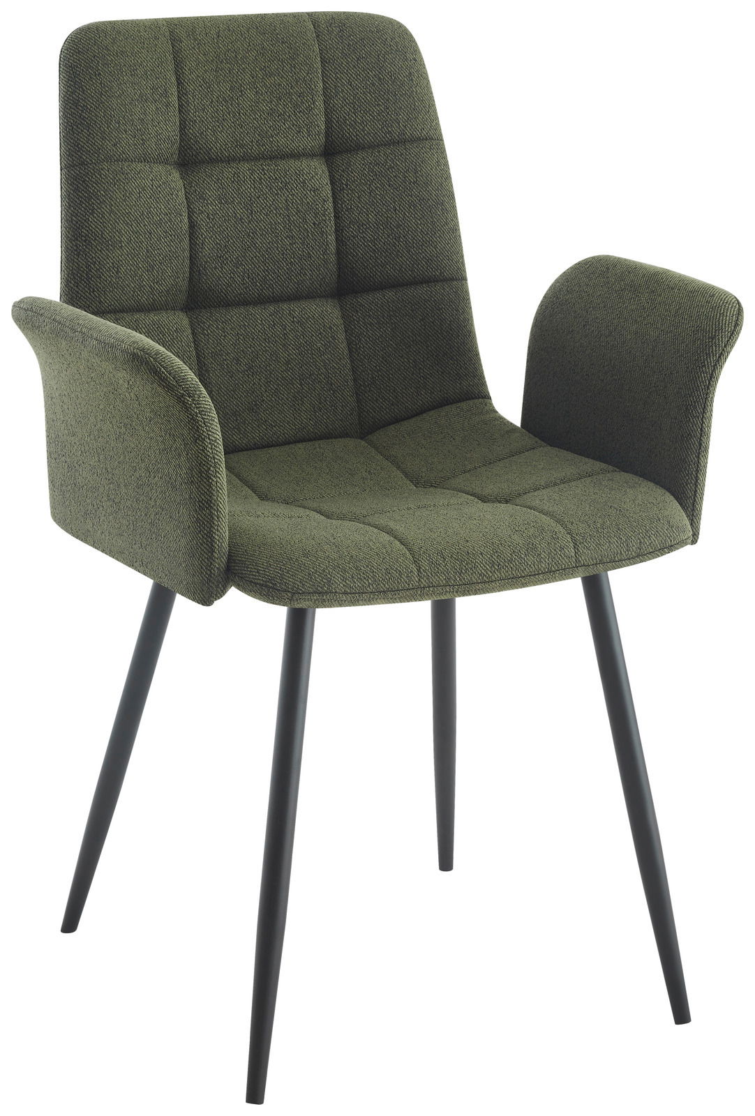 Grüner Armlehnstuhl mit gepolsterter Sitzfläche und Rückenlehne, schwarzes Metallgestell, seitliche Perspektive