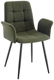 Grüner Armlehnstuhl mit gepolsterter Sitzfläche und Rückenlehne, schwarzes Metallgestell, seitliche Perspektive