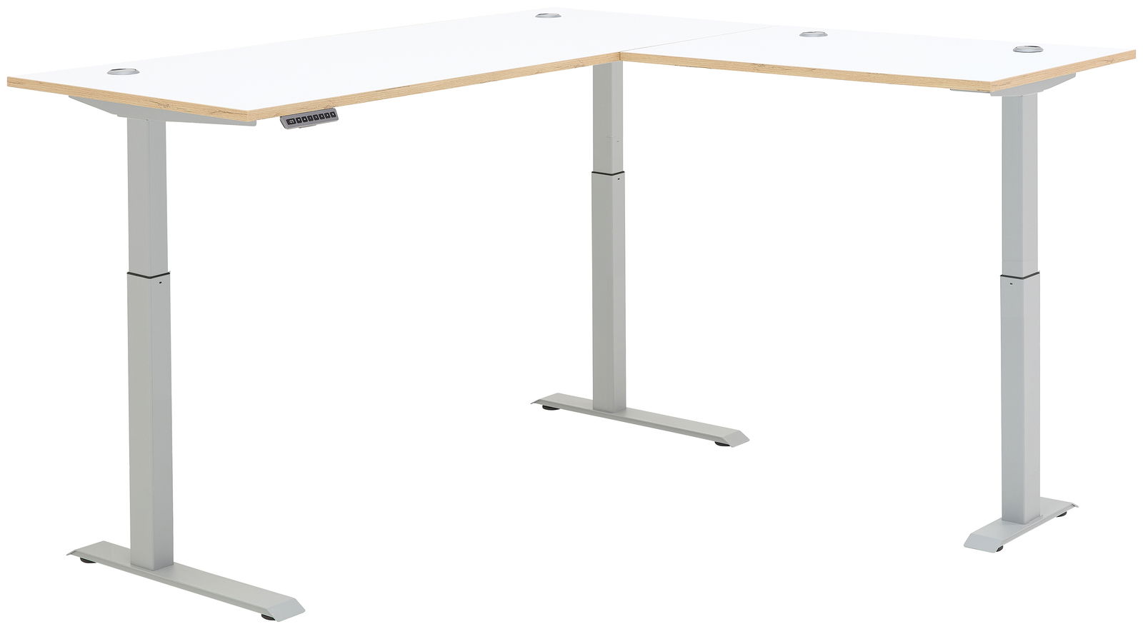 Moderner höhenverstellbarer E-Eckschreibtisch in L-Form mit weißer Tischplatte und silbernen Beinen, seitliche Perspektive.